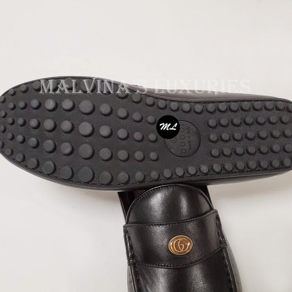 GUCCI SHOES MENS DRIVER MOCCASINS BLACK LEATHER w LOGO & BEE DETAIL 6.5G 7 main image 6